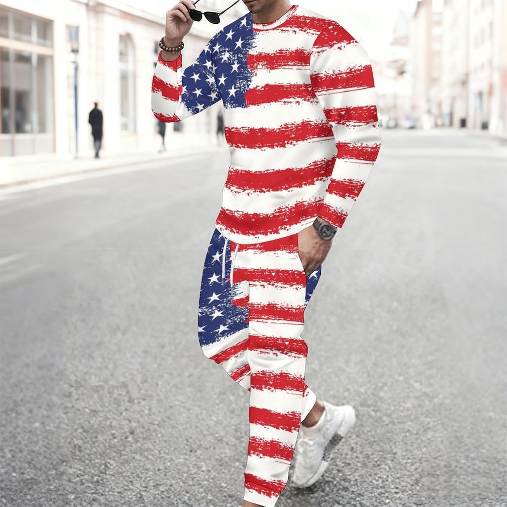 Men Torn Ripped Effect American Flag Star Print Long Sleeve Sweatshirt And Jogger Pants Two Piece Outfit