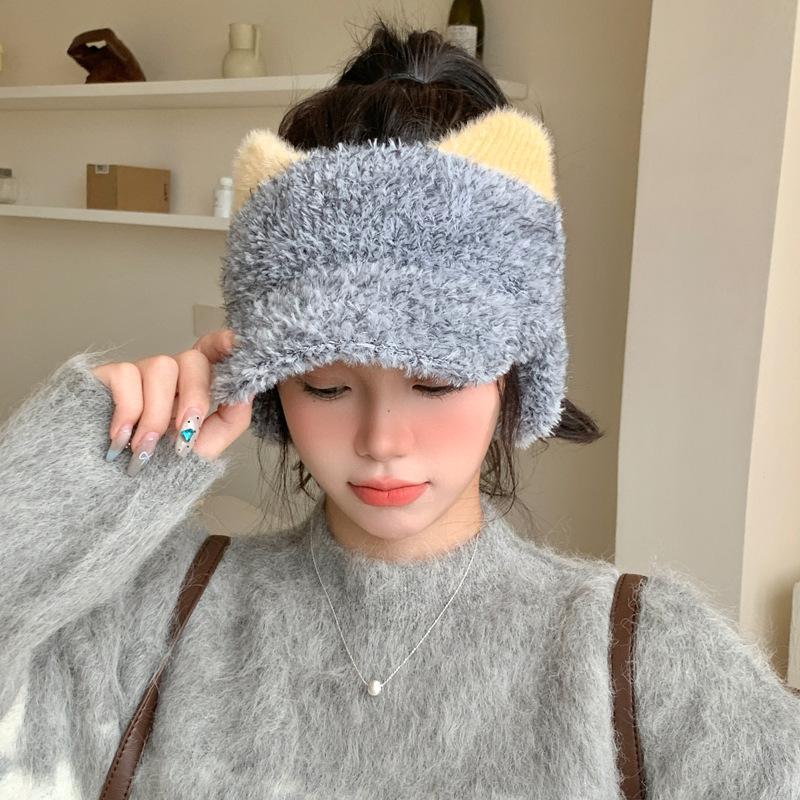 Cute Cat Ear Plush Empty Top Baseball Cap Autumn and Winter Windproof Ear Protection Hat Outdoor Casual Warm Hat Women
