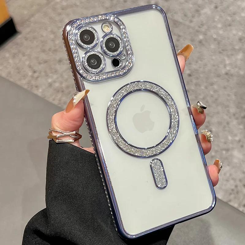 Klarer Bling-Kristall-Handyhülle Für iPhone 16 15 14 13 12 11 Pro Max Plus Für Magsafe Magnetisches Kabelloses Laden Linsenfolienabdeckung