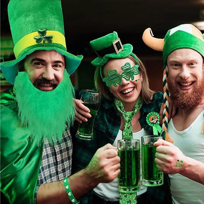 Patrick's Day Complete Irish Clovers Costume Set Green Hat Shamrock Beard Sequined Tie Necklace and Glasses