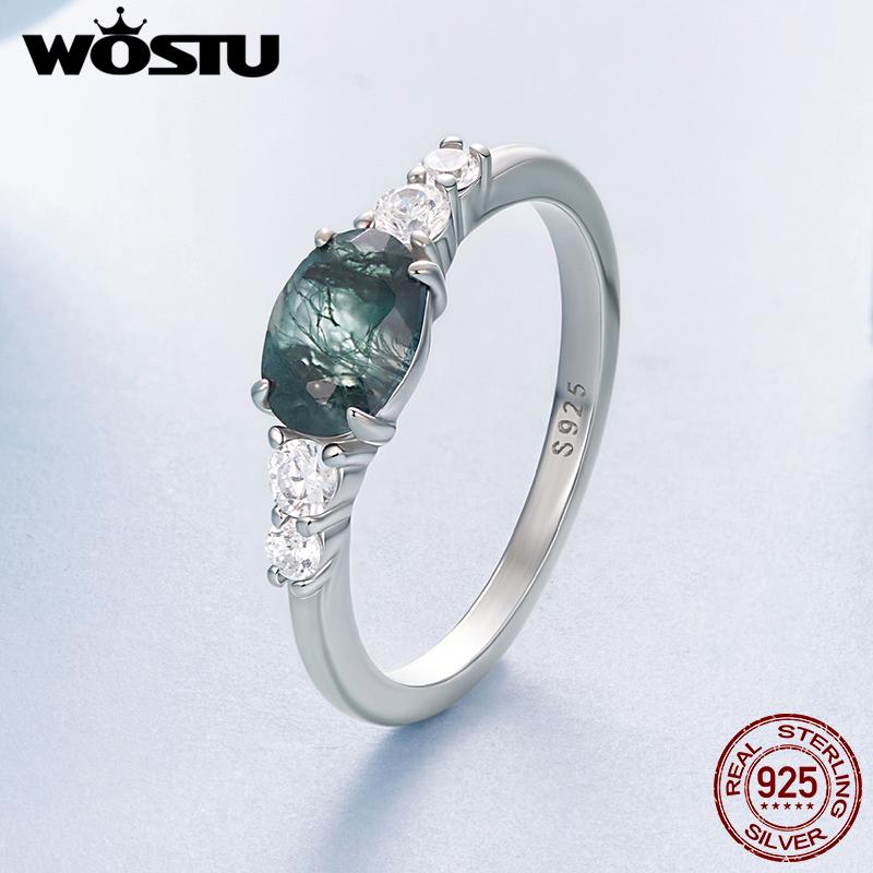 WOSTU Natural Moss Agate Ring For Women 925 Sterling Silver Oval Sea Grass Agate Inspired Rings Jewelry Boho Valentine's Gift