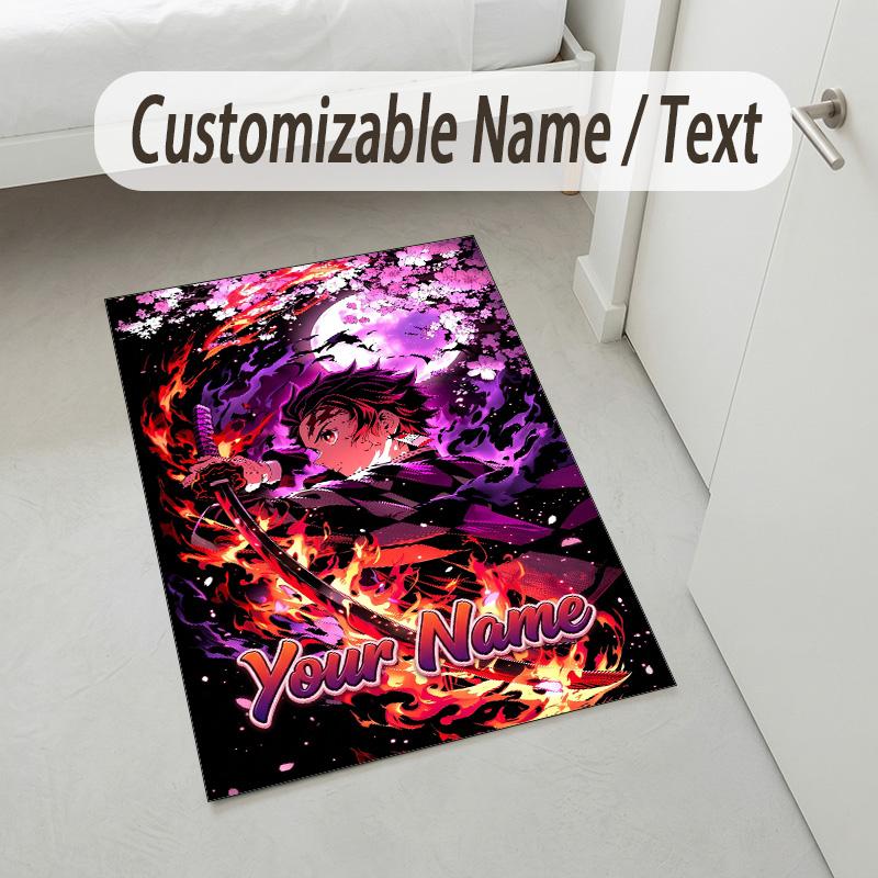Personalized Crystal Velvet Carpet,Demon Slayer Custom Printed Name, Plush Area Rug For Home Indoor Decor