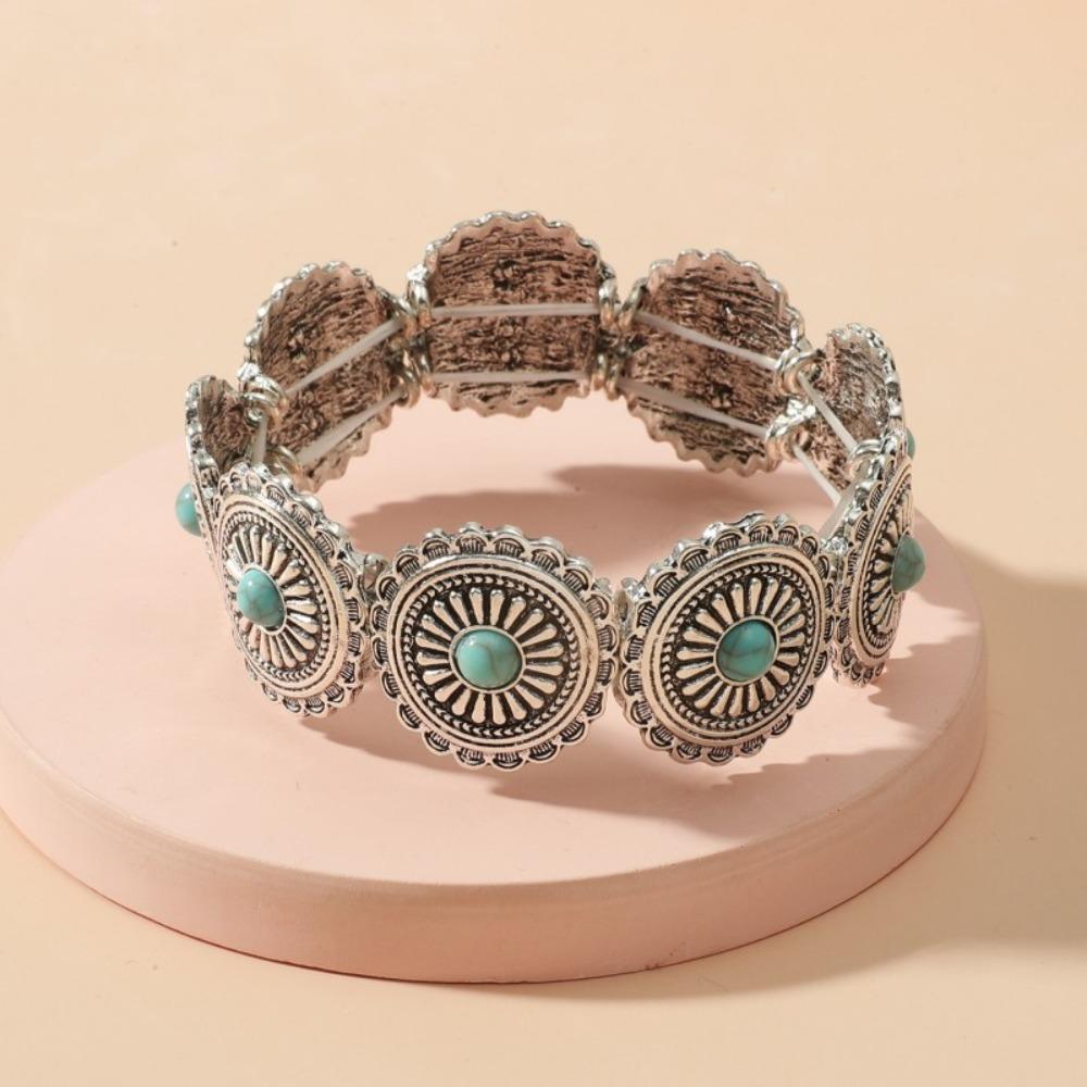 European and American Ethnic Style Personalized Retro Alloy Turquoise Elastic Bracelet Women's Bohemian Bracelet Jewelry
