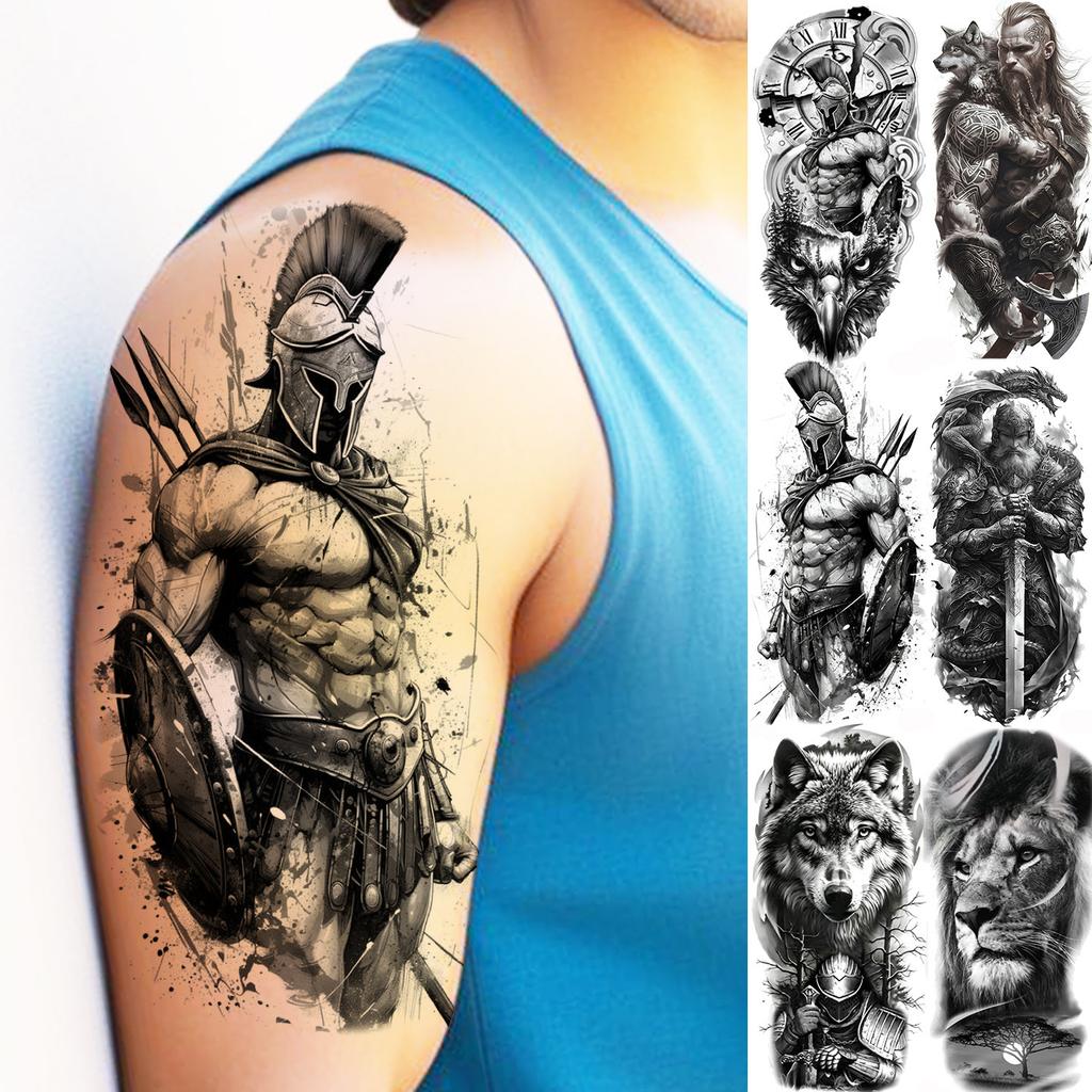 1 Vel Cool Krijger Gladiator Tijdelijke Tatoeages Voor Mannen Vrouwen Realistisch Wolf Leeuw Waterdicht Nep Tatoeage Lichaam Arm Kunst Sticker