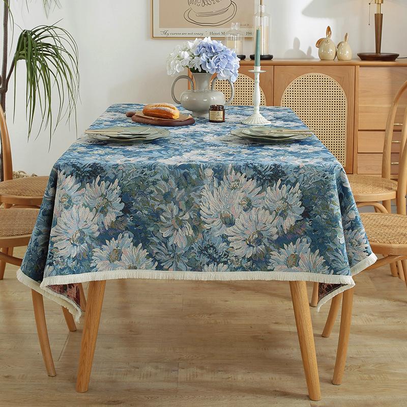 Vintage Floral Tablecloth American Oil Painting Style Thick Cotton Linen Jacquard for Tea Table