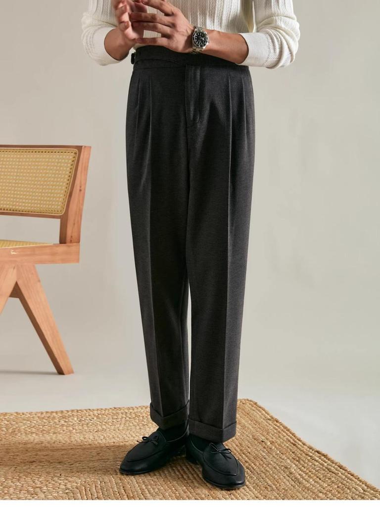 Men's High Waist Italian Gurkha Trousers - Business Formal Non-Iron Straight Leg with Paris Buckle
