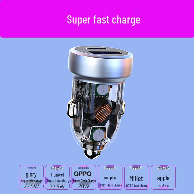 

100W Mini Transparent Dual PD Car Charger: Super Fast Cigarette Lighter Adapter