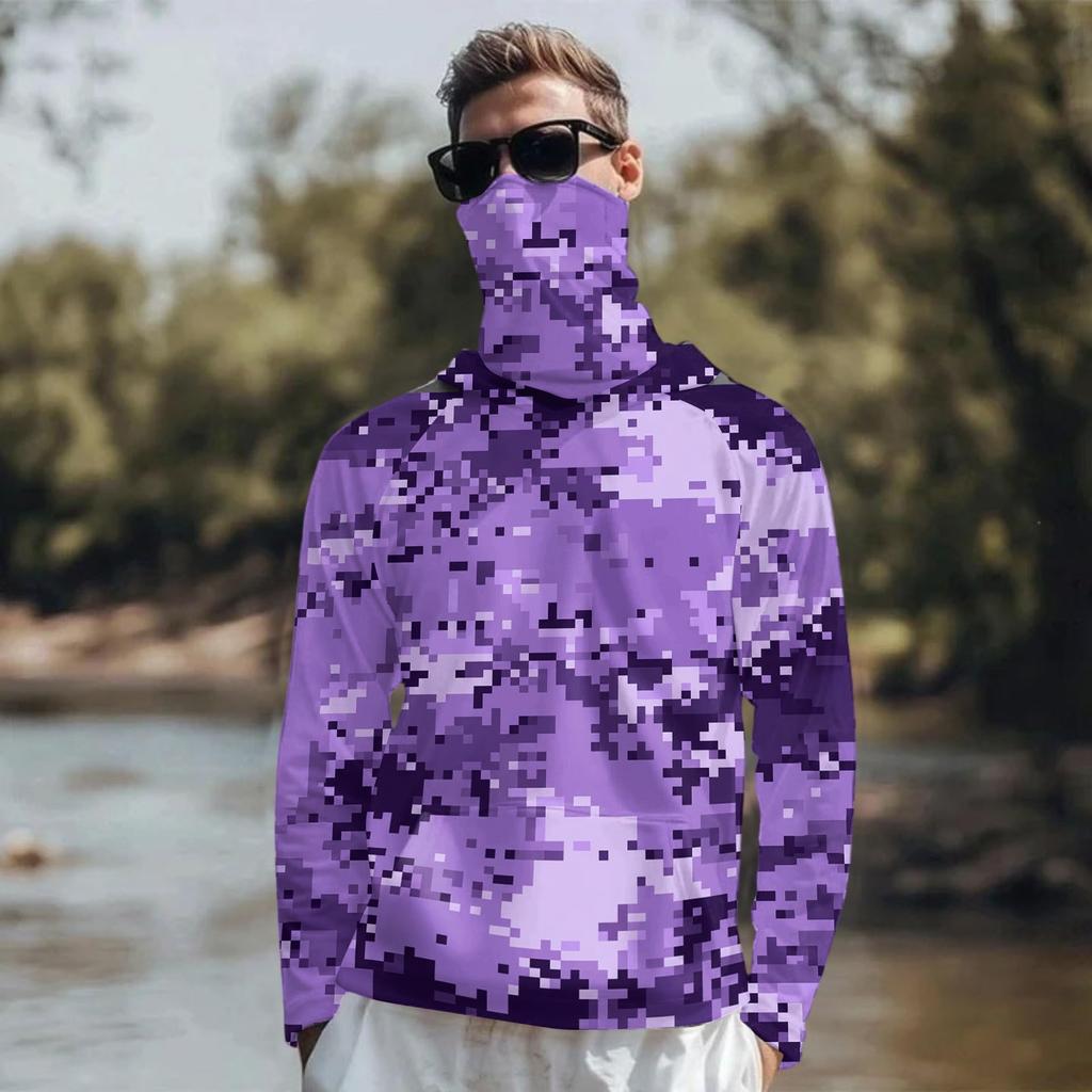 Maglia da Sole Leggera a Maniche Lunghe con Cappuccio e Copertura Facciale Integrata, Traspirante, Resistente ai Raggi UV, Top da Pesca e per Attività all'Aperto da Uomo