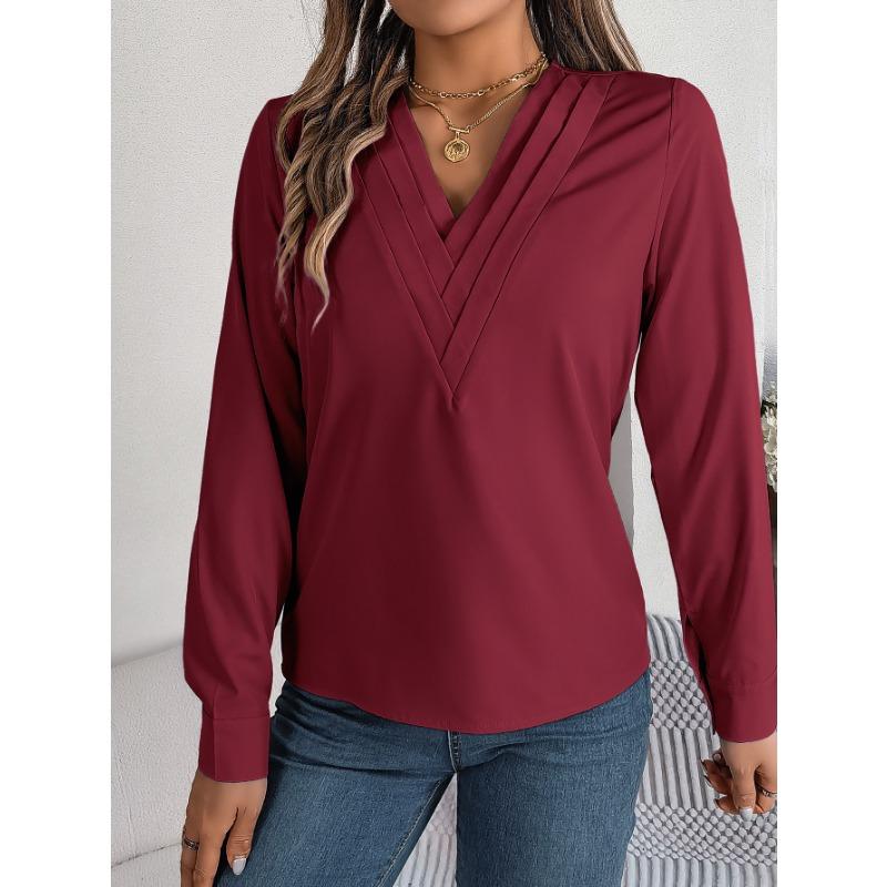 Women's Fall and Winter Elegant Solid Color Layered V-neck Long-sleeved Shirt