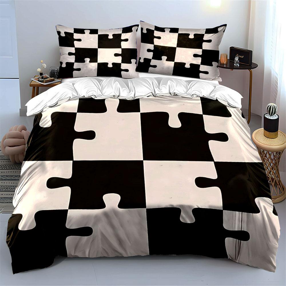 Black And White Puzzle Design Exquisite Three-Piece Bedding Set Gift For Kids And Adults