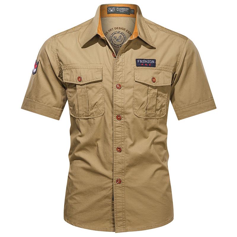 2024 Men's Casual Cotton Military Shirt - Washed, Thin, Loose Short Sleeve