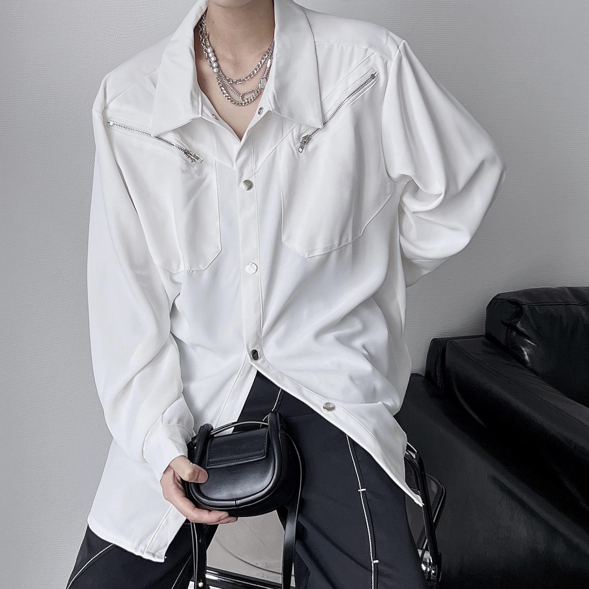 

2023 Spring/Summer Unisex Solid Color Loose White Draped Casual Zipper Shirt Medium чорний