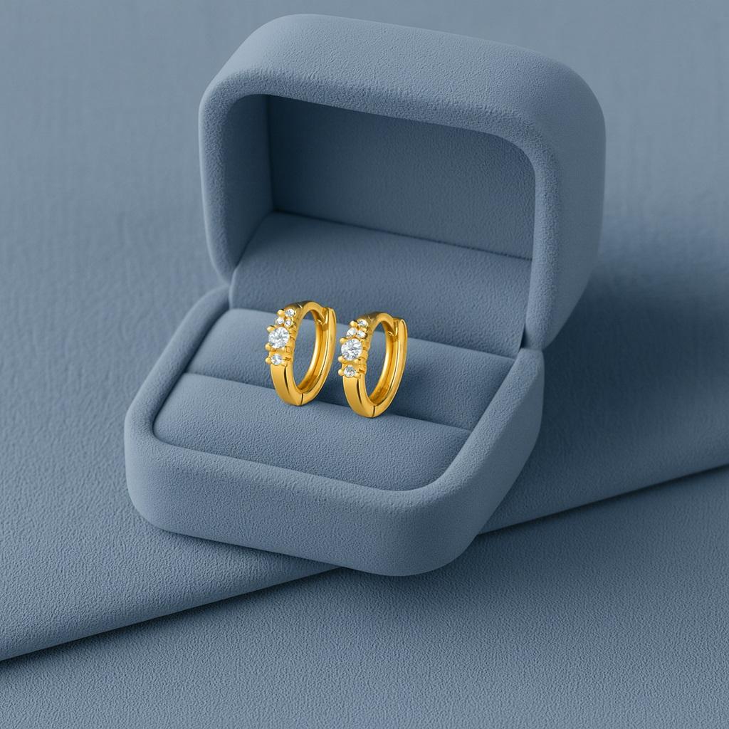 Triple Stone Huggie Hoop Earrings - 925 Sterling Silver Yellow Plated