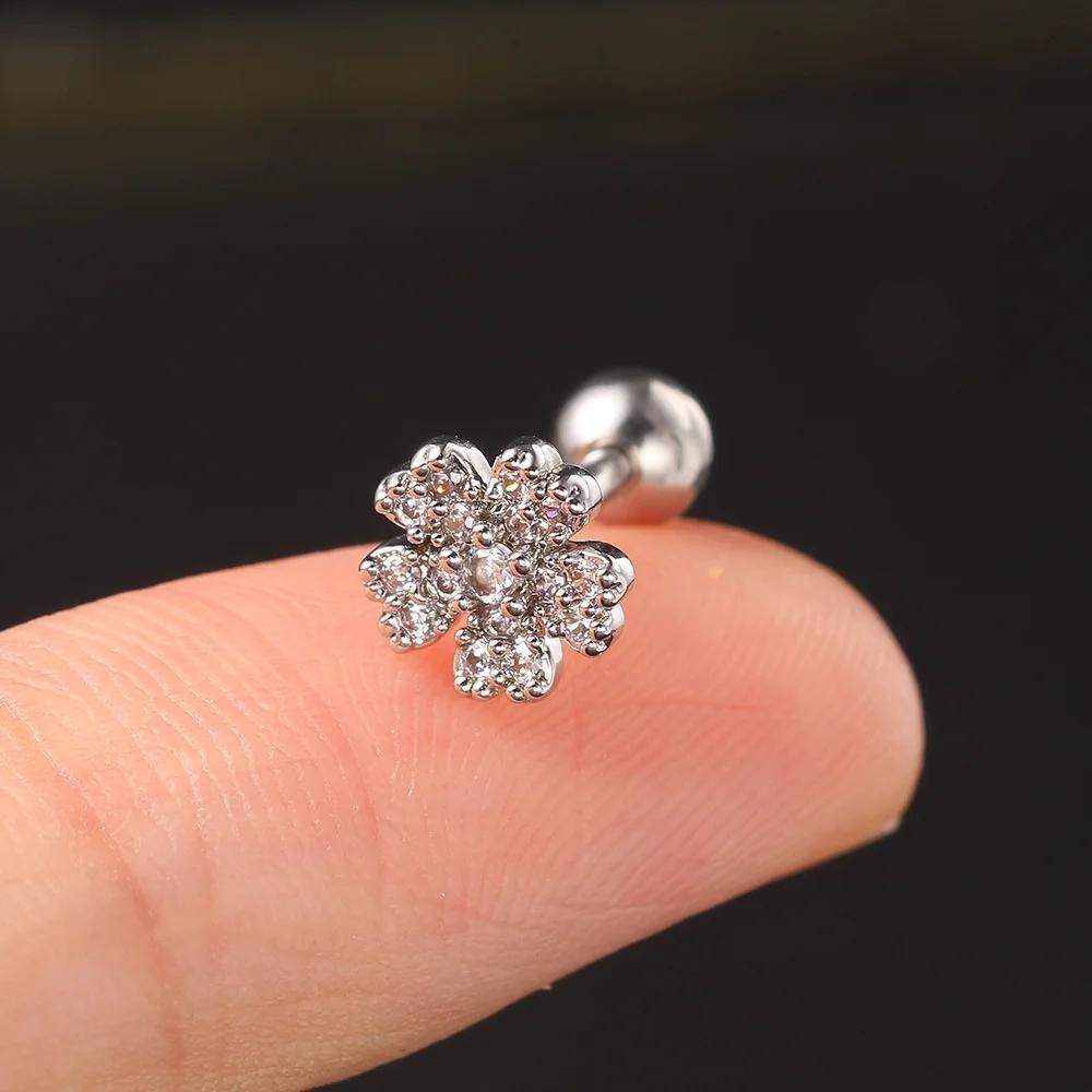Zircon piercing piercing bone nails Butterfly flower earrings Titanium steel screws screw stud earrings Zircon