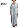 Loose Fit Mid-length Dress Summer Maxi for Women, V-Neck Casual Oversized Boho Long Dress, Sleeve Button Up Vacation Sundress with Pockets Simple