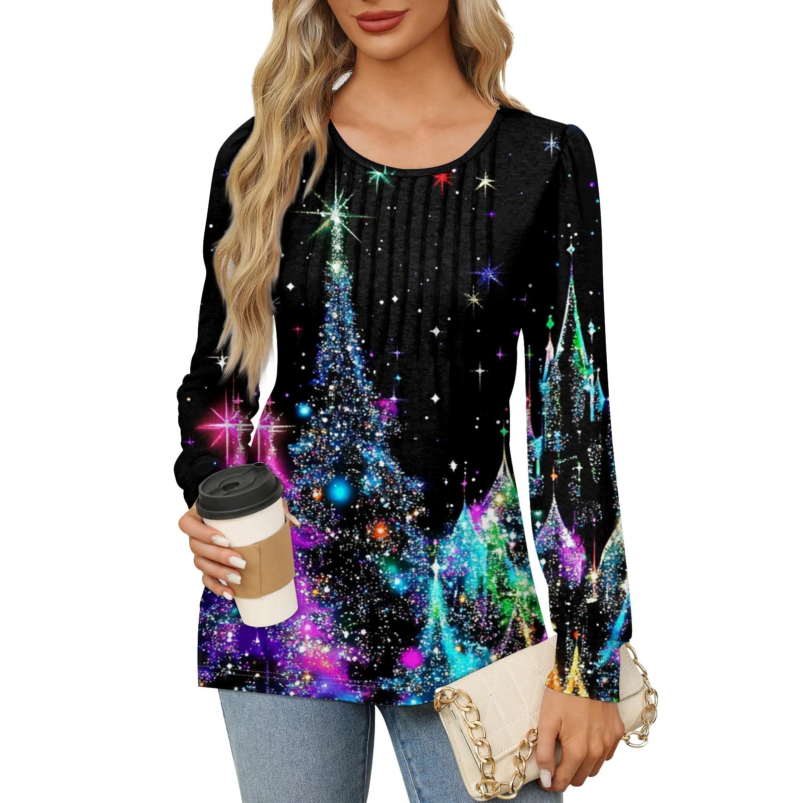 

Рубашки с длинным рукавом для женщин Милые принты Графические футболки Блузки Нарядные повседневные блузки Плиссированные туники с круглым вырезом Топы Рождество L темно-синий