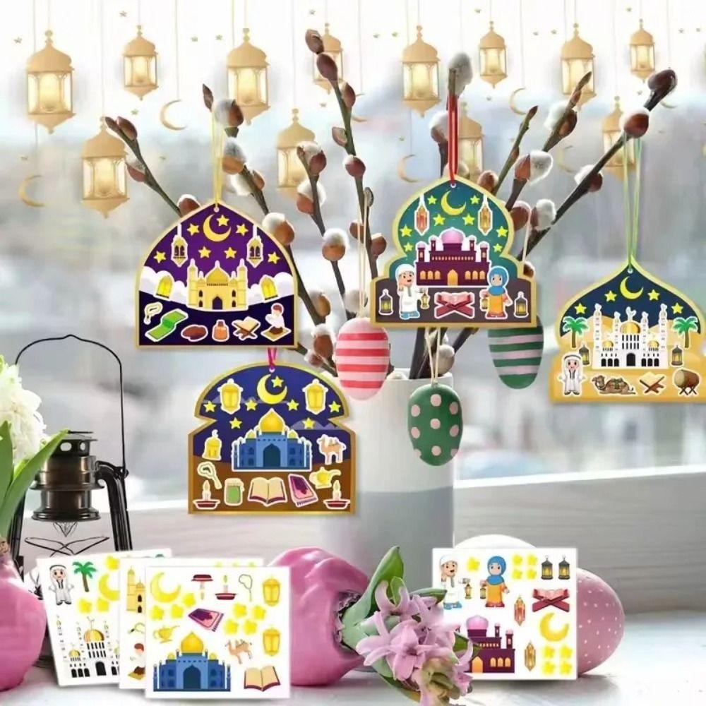 36 Stück Cartoon Eid Mubarak Hängedekoration mit Lanyard Ramadan Mond Stern Eid Mubarak Bastelsets DIY Handarbeiten Mehrfarbig