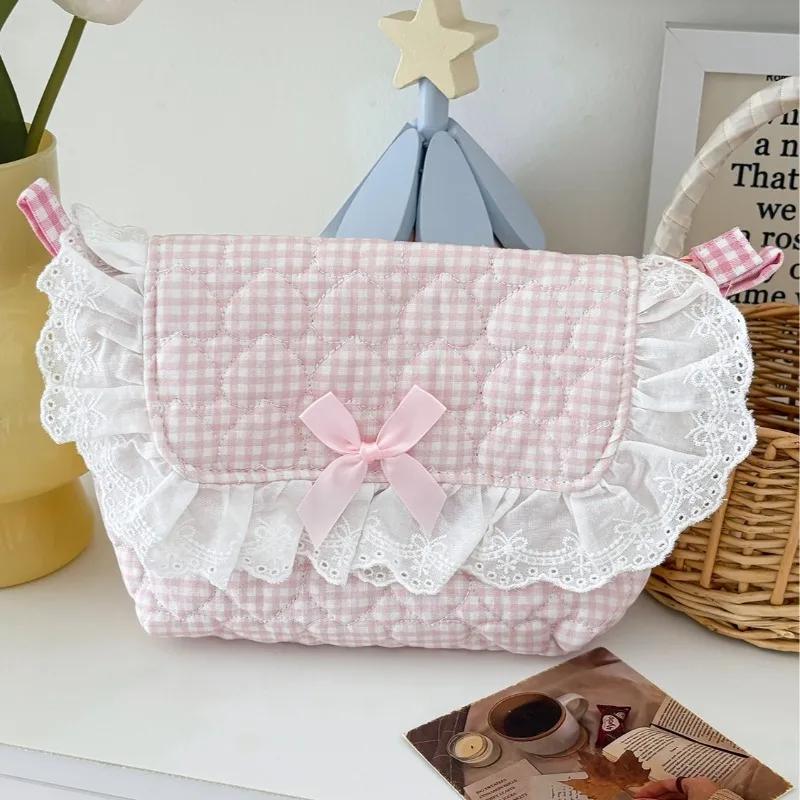 Cute Girls Quilted Cotton Crossbody Bag Outdoor Portable Student Ladies Storage Handbags Bow Lace Plaid Women Shoulder Bags