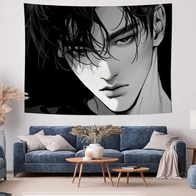 Black and White Anime Style Male Figure Wall Hanging Unique Personality Wall Decorative Tapestry