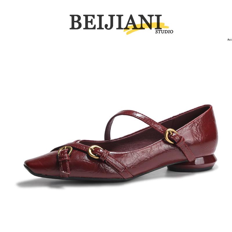 

Beijiani Women s Cross-Buckle Sheepskin Mary Jane Square-Toe Flats 34 вино красного