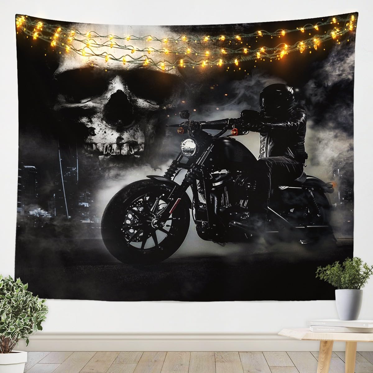 Tapestry Black Motorcycle Tapestry Skull and Fog 75x100 чёрный
