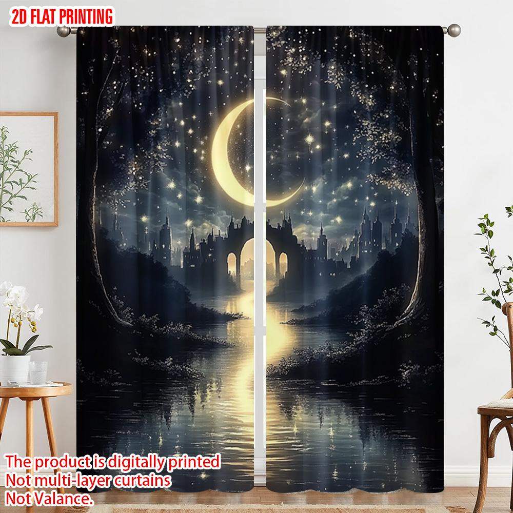 2pcs  2D Plane Printing Curtains&Window Treatment Starry Night Sky Durable 100% Polyester Fabric (without Rod) Festive for Living