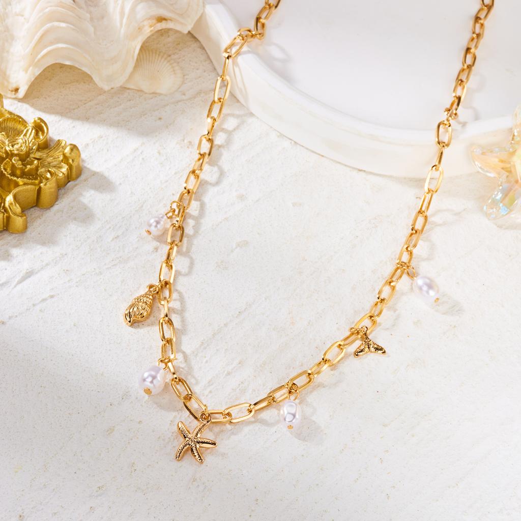 Boho Metal Starfish Conch Pendant Necklace For Women Imitation Pearl Fishtail Coconut Tree Turtle Chain Choker Beach Jewelry