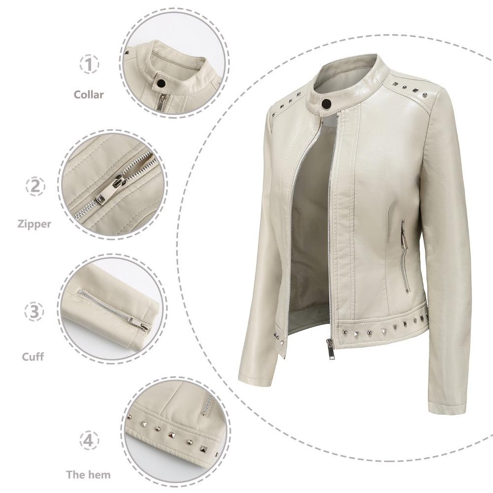 New Rivet Fashion Stand Collar Leather Coat Women's Solid Color Casual Jacket Women's Spring and Autumn Coat Women's Clothing