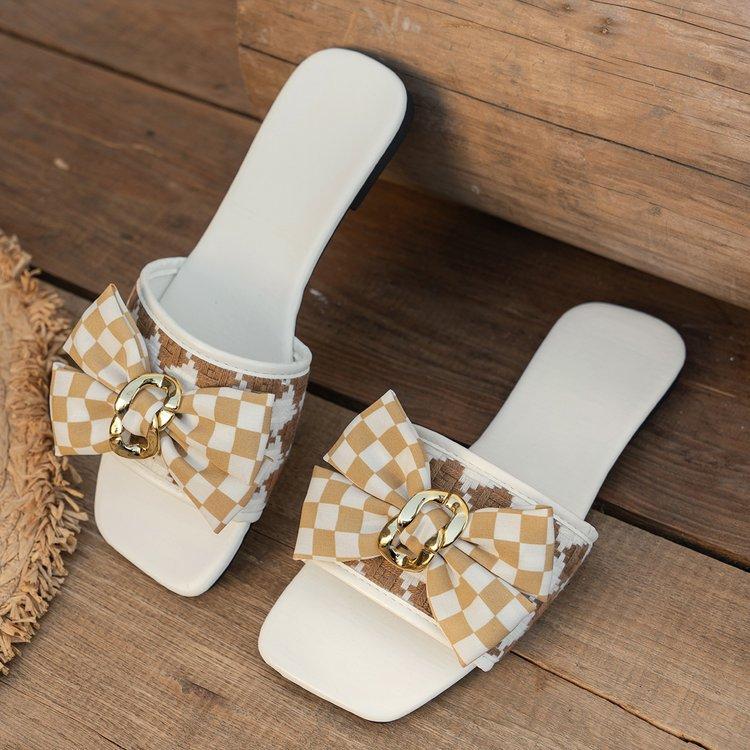 Foreign Trade 2025 Spring New European and American Large-size Flat-bottomed Bow One-word Sandals Fashionable Versatile Color Matching Sand