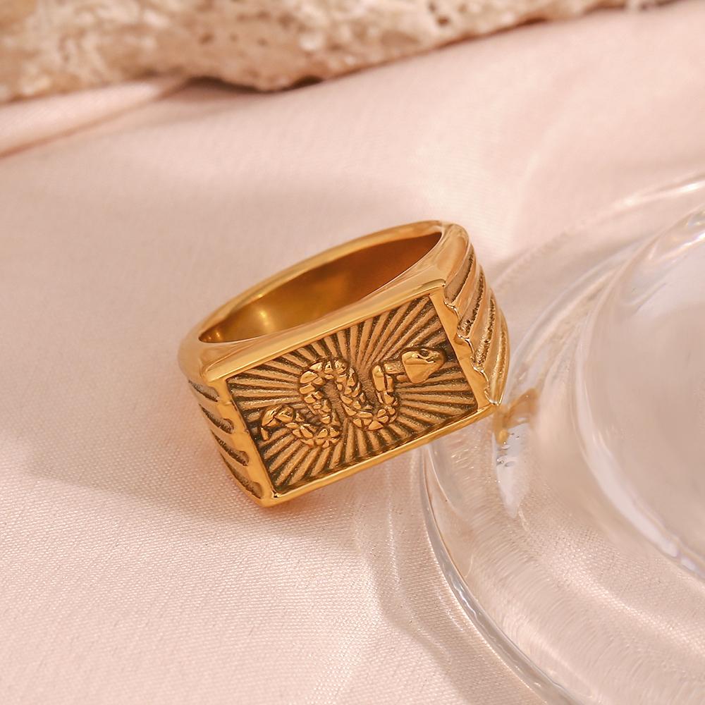 MamacitaSlay Vintage 316L Stainless Steel Square Snake Ray Pattern Rings 18K Gold Plated Waterproof Jewelry Woman Luxury Jewelry