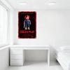 Child’s Play Chucky Red Hair Glowing Eyes Blue Overall Sunflowers Red Sneakers Horror Movie Metal Tin Sign Retro Wall Decor for