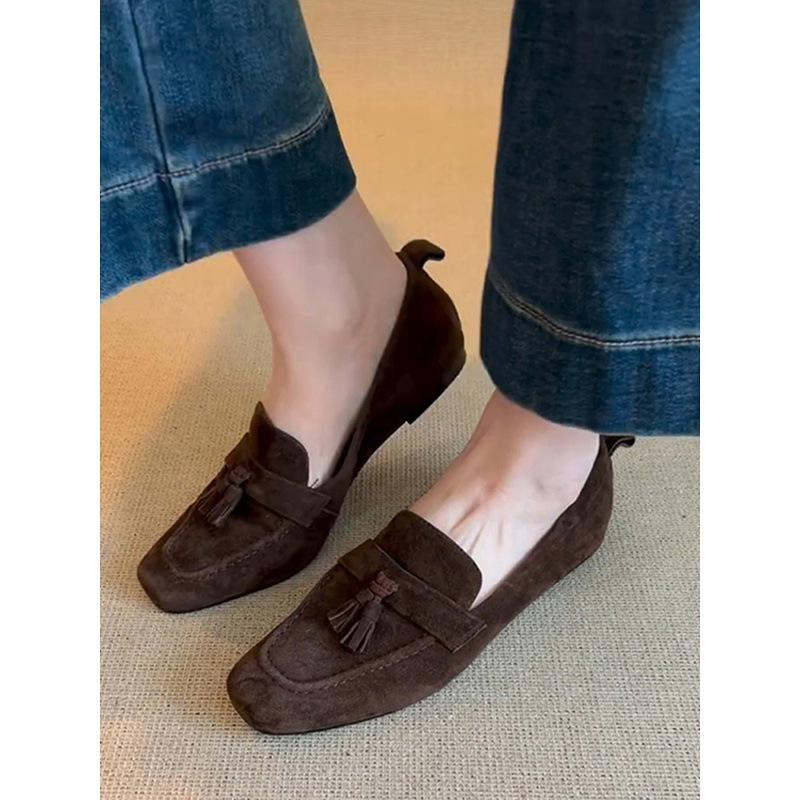 Sheepskin version~ genuine leather retro square head fringed one-pedal loafers women's commuting versatile flat-soled small leather shoes single shoes