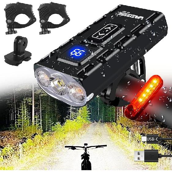 Bike Lights for Night Riding Aluminum Mounts Waterproof Bike Light Front and Back USB-C Rechargeable Bicycle Light Metal EBike Headlight Luces para Spot/Flood/Combo 3 Beams