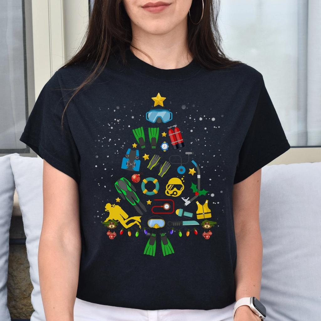 Diver Christmas tree Unisex shirt diving Holiday tee Black Dark Heather