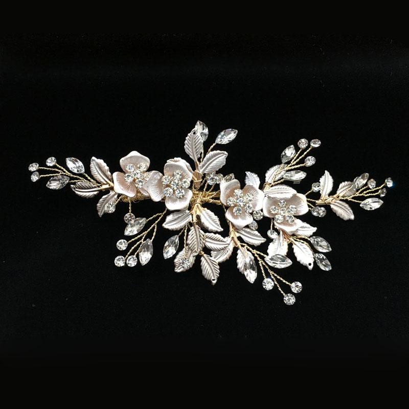SLBRIDAL Handmade Golden Austrian Crystals Rhinestones Flower Leaf Wedding Hair Clip Barrettes Bridal Headpiece Hair Accessories