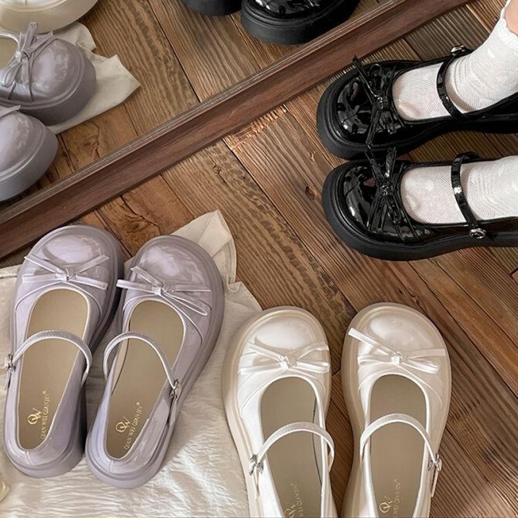 

Retro bow round head platform small leather shoes women s 2025 new spring and autumn skirt Mary Jane shoes 35 чёрный