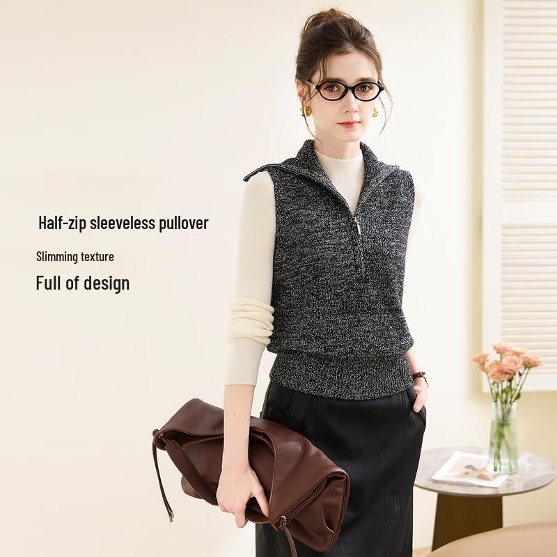 TUHUANG Women's Pure Wool Half-Zip Sweater Vest