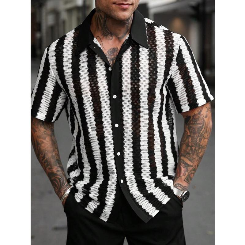 

Black and White Striped Hollow Top for Daily Casual Men s Short Sleeved Shirts XXL