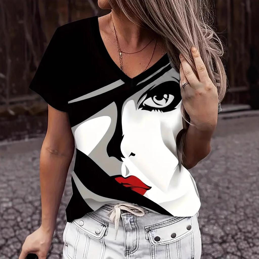 Summer Fashionable High-quality Striped Creative Pattern Women's V-neck Short Sleeved T-shirt Women's Breathable Loose T-shirt