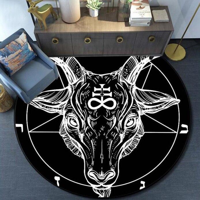 Skull Satanic Goat Pentagram Wing Demon Version Carpet Round Rugs Non-slip Area Rug for Living Room Bedroom Foot Pad Decoration