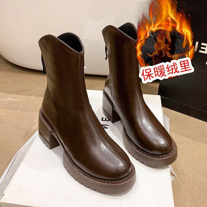 Martin boots women's British style thin boots women's autumn and winter new thick-soled medium boots thick heel thin short boots women