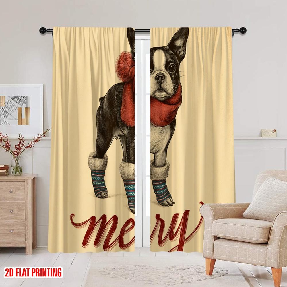 2pcs,2D plane printing Light Filtering Curtains Boston Terrier and Reindeer Deer Versatile Polyester (without rod) Holiday Use