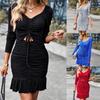 Women's Fashion Long Sleeve V-Neck Sexy Color Hollow High Waist Dress