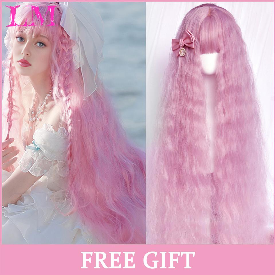 LM Cosplay-Perücke mit Pony, synthetisches glattes Haar, 61 cm lang, hitzebeständig, rosa Perücke für Frauen