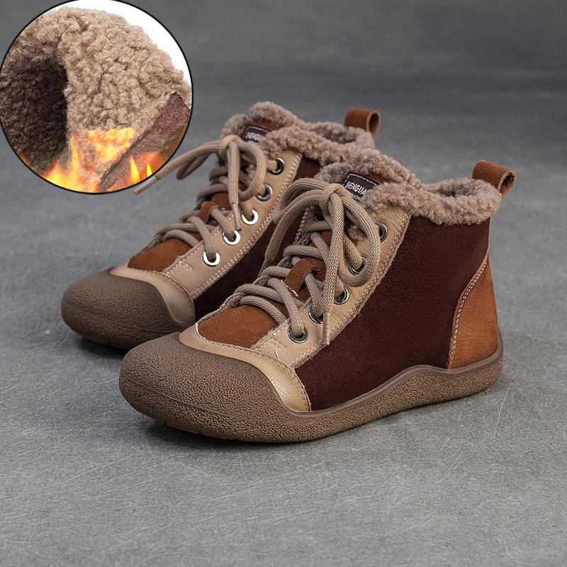 Johnature Mixed Color Genuine Leather Lightweight Comfortable Ankle Boots Retro Versatile Warm Women's Shoes