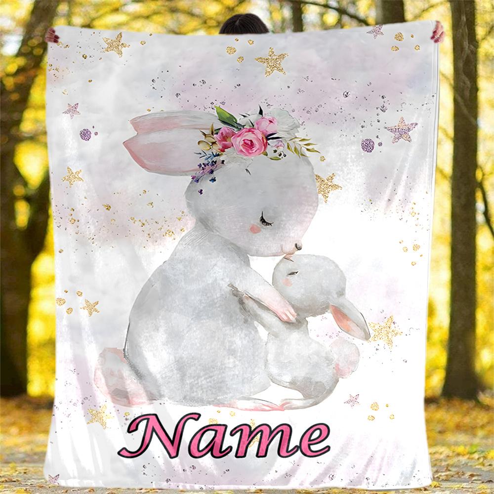 Cute Bunny Embrace Floral Background Design Customizable Outdoor Blanket Customize Text Durable Comfort Throw For Picnics Outdoor Travel And Camping