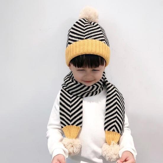 2Pcs/Set Kids Autumn Winter Hat Scarf Set Plush Ball Decor Striped Print Brimless Hat Knitting Scarf Set
