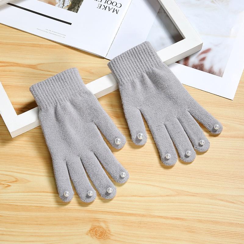 Warm Knit Touchscreen Gloves Solid Color Pearl Decor Unisex Winter Durable Versatile