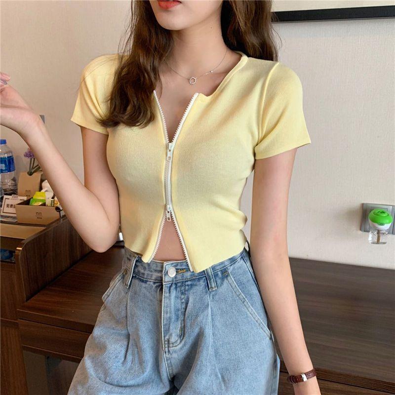 Pletené tričko s krátkým rukávem, dámské léto, bílé, dvojitý zip, tenký kardigan slim fit triko, krátký top