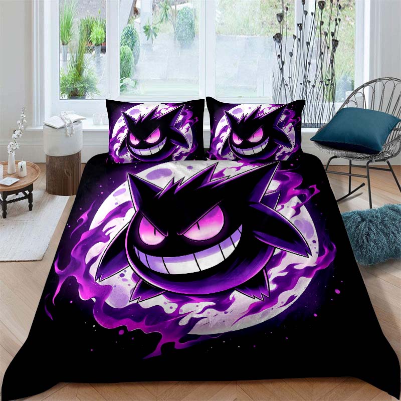 CustomizableAnime Gengar Printed Bedding Set 3 Piece Soft Microfiber Duvet Cover Set Teens Game Room Decor No Sheet No Filling